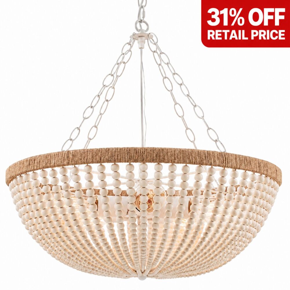 Brand New ELYCCUPA 5-Light Wood Beaded Chandelier – White, 22"